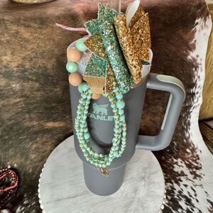 Stanley bow topper bracelet stack handle charm gold aqua teal tan lion set